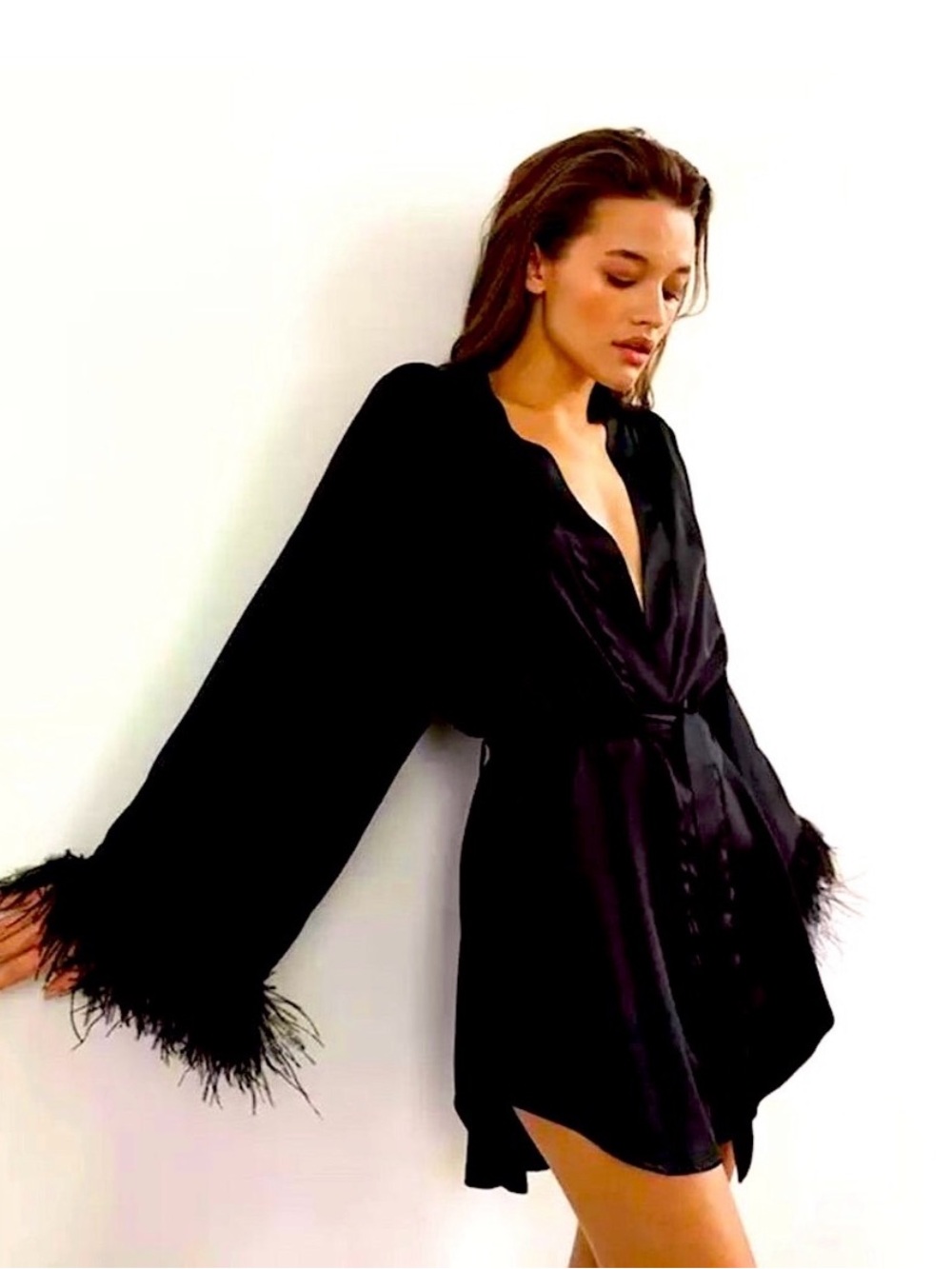 In Bloom - Black Feather-Trim Satin Robe - Women Intimates & Sleepwear